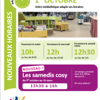 Nouveaux horaires Médiathèque Alexandre Jardin