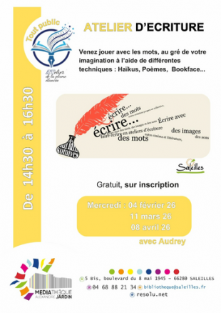 Atelier d'écriture avec Audrey de "Atelier de la plume élancée"-Médiathèque Alexandre Jardin de Saleilles.