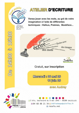 Atelier d'écriture avec Audrey de "Atelier de la plume élancée"-Médiathèque Alexandre Jardin de Saleilles.