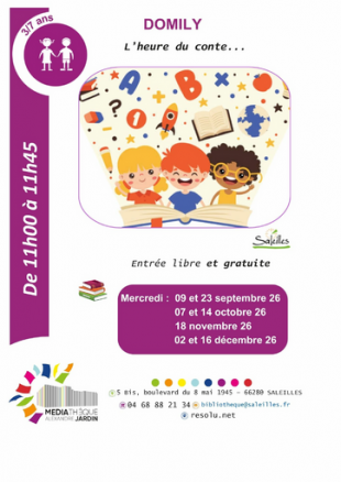  L'heure du conte avec Domily - Médiathèque Alexandre Jardin  de Saleilles 