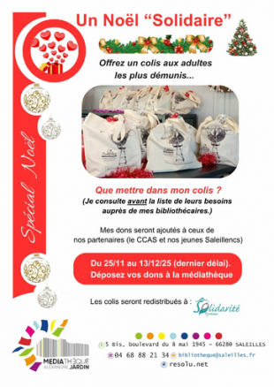 Opération Colis "Noël Solidaire" - Médiathèque Alexandre Jardin de Saleilles