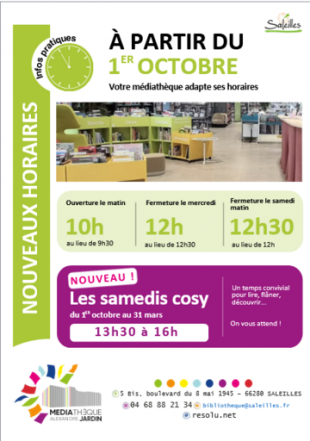 Nouveaux horaires Médiathèque Alexandre Jardin