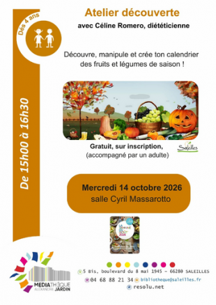 Atelier découverte fruits et légumes de saison - Médiathèque "Alexandre Jardin" de Saleilles